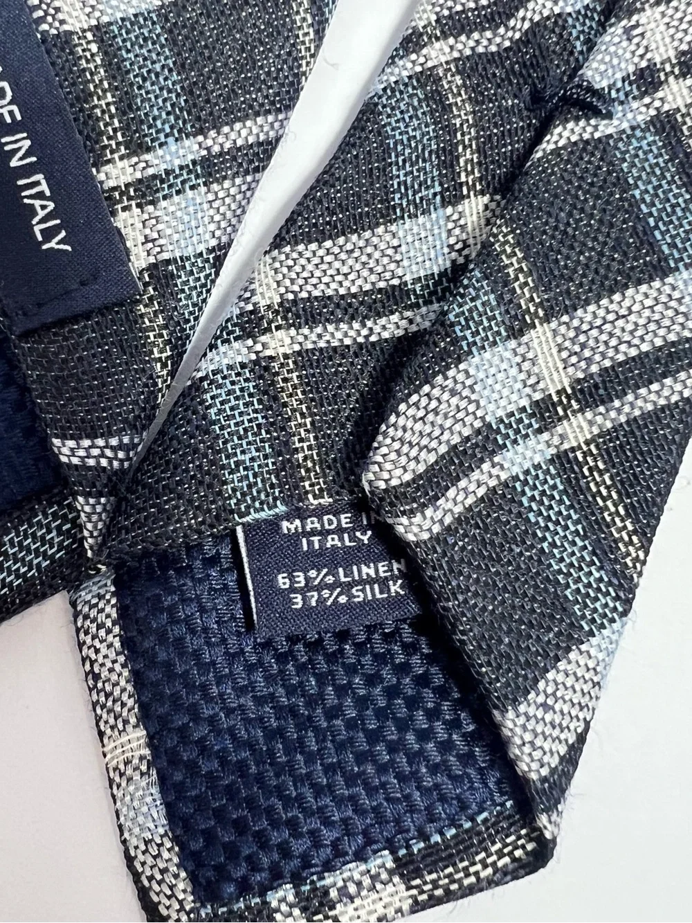 Cremieux Men’s Silk/Linen Plaid Woven Necktie Blue Gray White Italy
